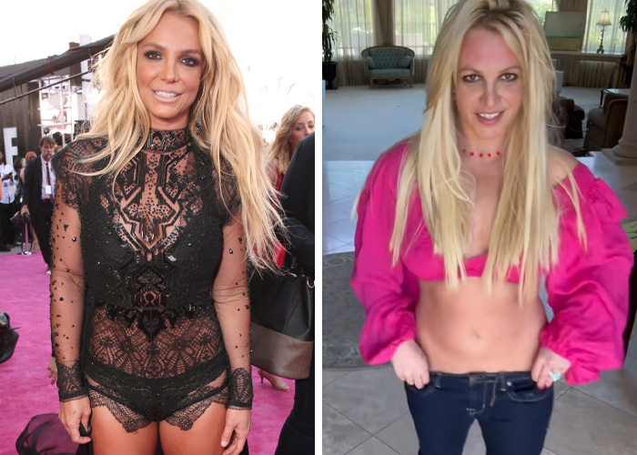 Pop singer Britney Spears showing decade transformation with striking celebrity cadaver look comparison.
