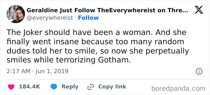 Tweet discussing feminist views on the Joker character, highlighting calls out the patriarchy with sharp commentary.