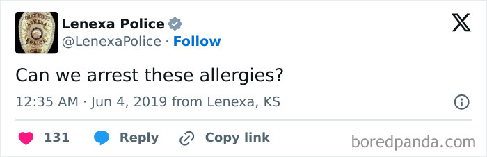 Lenexa Police tweet humorously asking about arresting allergies, showcasing unserious police social media accounts.