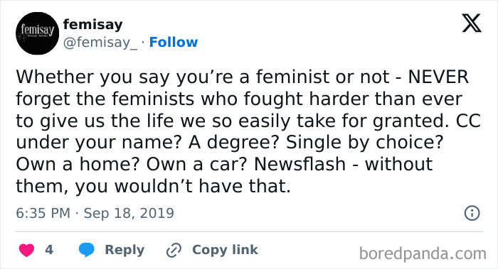 Social media post emphasizing feminist contributions and calling out patriarchy for freedoms women often take for granted.