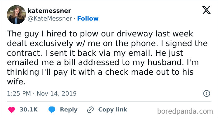Tweet from user katemessner highlighting a feminist post that challenges the patriarchy with a witty payment story.