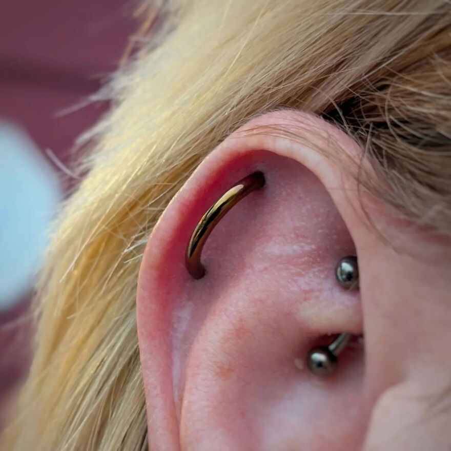 Close-up of an ear with multiple types of ear piercings, including a gold hoop and silver barbell studs.
