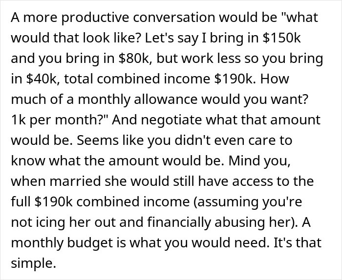 Text discussing negotiation of shared income, monthly allowance, and financial arrangements in a relationship contract.