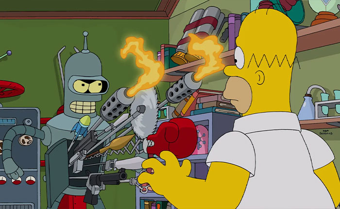 Homer Simpson confronted by Bender firing flamethrowers in a cluttered garage, Simpsons 2026 predictions
