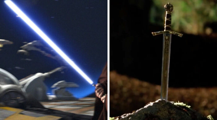 Would You Rather choice: split image of a blue lightsaber and Excalibur sword in a stone