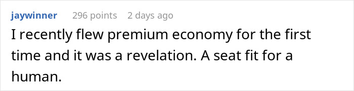 Reddit screenshot praising premium economy beside sardine can seating complaint about cramped new planes