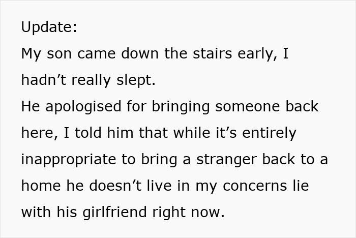 Text excerpt showing a mom shocked and disgusted after learning her son is cheating on his girlfriend.