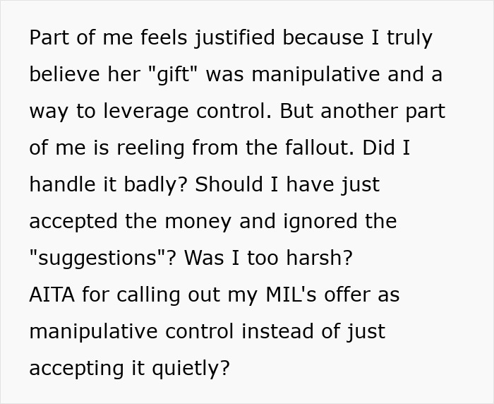 Text discussing a woman confronting her MIL about a gift seen as manipulative control affecting their relationship.