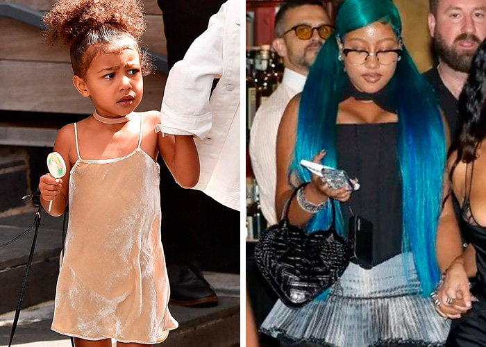 Young girl holding lollipop and woman with long blue hair and glasses, showing celebrity decade transformation.