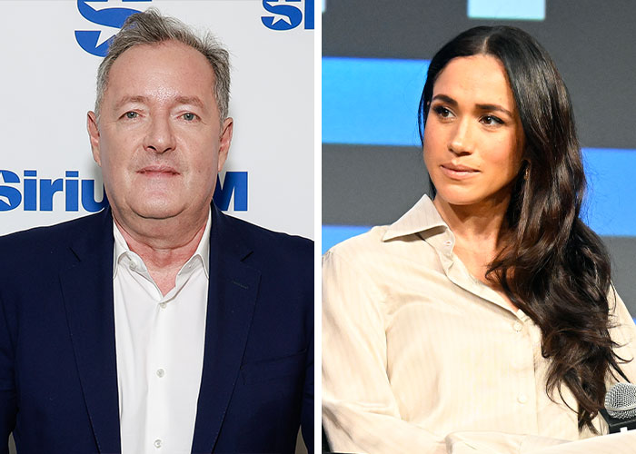 Piers Morgan and Meghan Markle pictured side by side, representing celebs involved in drama yet staying unbothered.