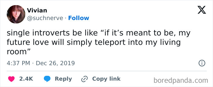 Funny screenshot of a humorous tweet about introverts hoping for love to teleport into their living room.
