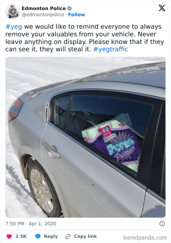 Edmonton Police social media post humorously warning about valuables left visible inside a car, highlighting unserious police accounts.