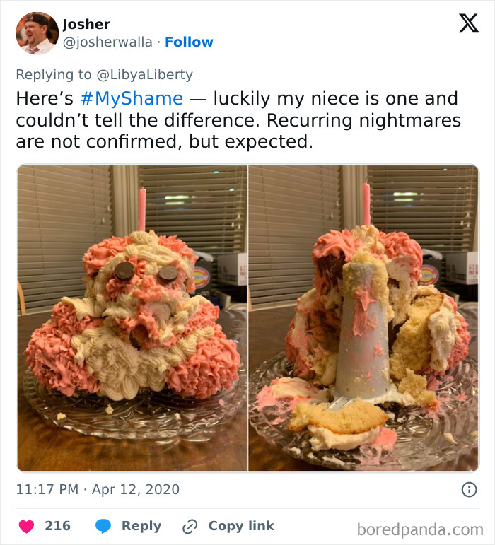 Failed dessert with pink and white frosting, partially destroyed on a glass plate, showing ways to ruin dessert.
