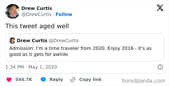 Twitter screenshot reading This tweet aged well with embedded 2016 time traveler reply, example of aged like wine post