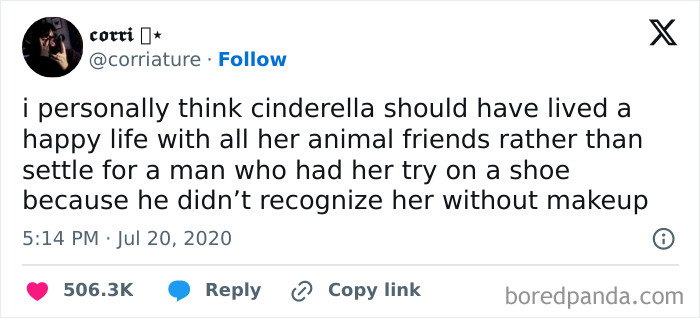 Screenshot of a feminist post calling out patriarchy, stating Cinderella should have lived happily with her animal friends instead.