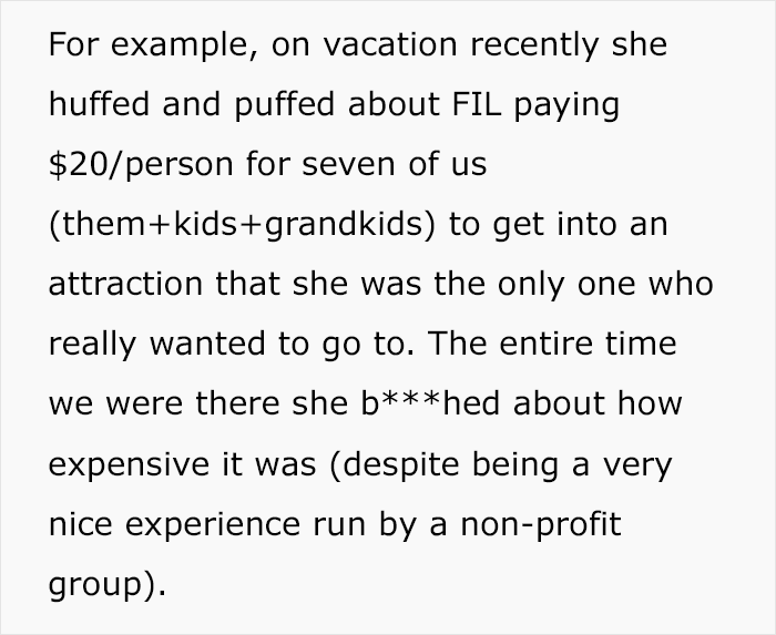 Greedy Mom in text excerpt complaining about family expenses as dad reveals inheritance plans