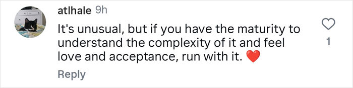 Comment from woman explaining her views on having 7 parents and the complexity of love and acceptance online.