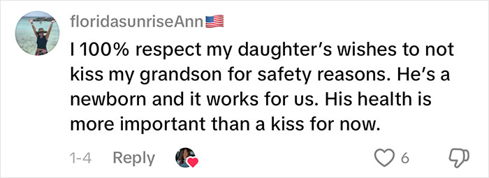 Social media comment respecting grandma not kissing newborn baby for safety, reflecting woman&rsquo;s gentle reminder viral topic.