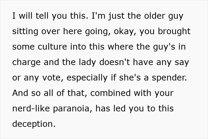 Text excerpt showing a financial expert addressing a guy hiding his real net worth from his wife with a brutal reality check.