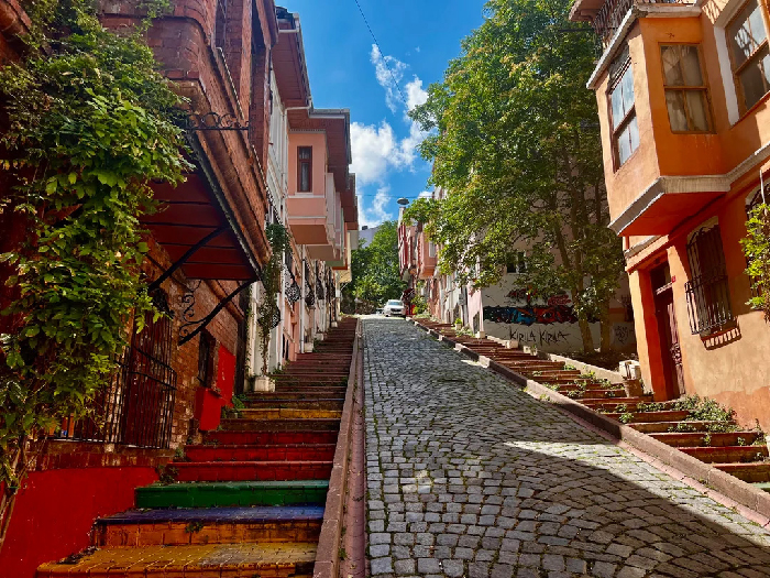 Cobbled steep street with colorful steps and old houses under blue sky, evoking Most Stressful Countries