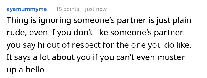 Text message discussing rudeness of ignoring someone's partner and respect in social interactions among stars.