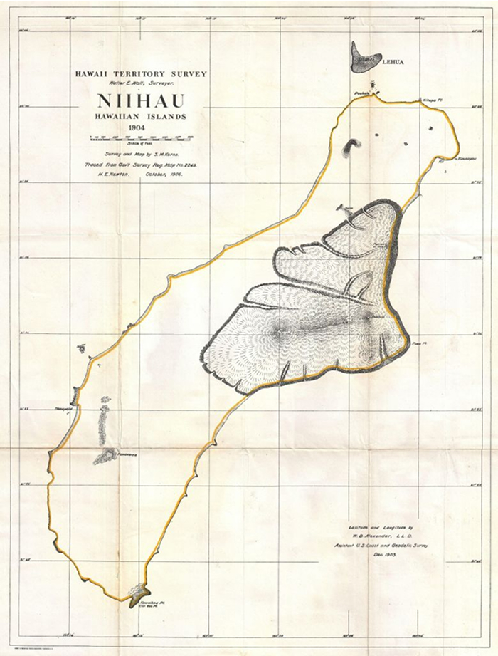 Vintage map of Niihau Island, one of the forbidden places on Earth most people will never set foot in.