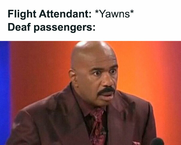 Man in brown suit with shocked expression reacting to flight attendant yawning, relatable meme humor about everyday moments.