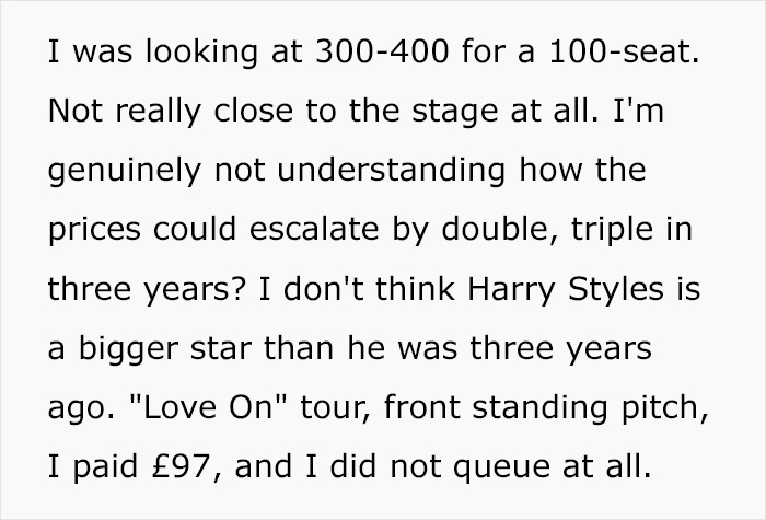 Text discussing fans&rsquo; outrage over Harry Styles new tour ticket prices increasing significantly in three years.