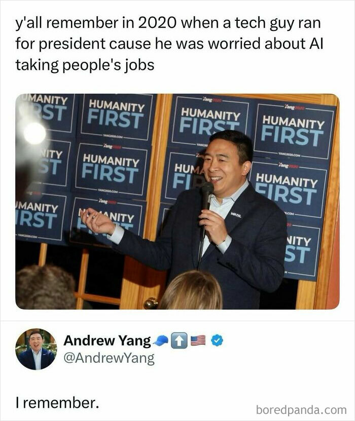 Man speaking at a Humanity First event, sharing internet posts that made scrolling more enjoyable about AI and jobs.