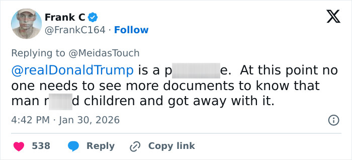 Tweet discussing 13-year-old Epstein victim claims involving Trump and new files revealing forced acts.