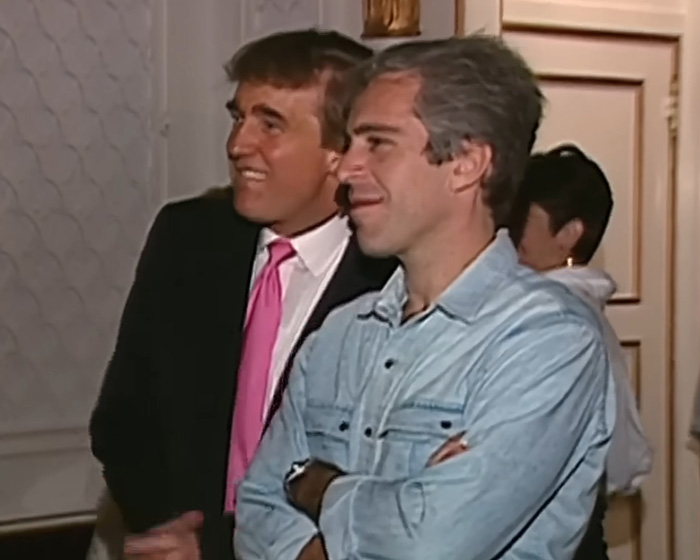 Donald Trump and Jeffrey Epstein smiling at an event, related to 13-year-old Epstein victim claims in new files.