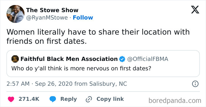 Tweet highlighting feminist posts calling out patriarchal dating norms with sharp, unapologetic commentary.