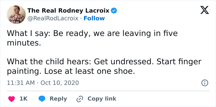 Screenshot of a humorous tweet about parenting, relatable content for dads and husbands on family life struggles.