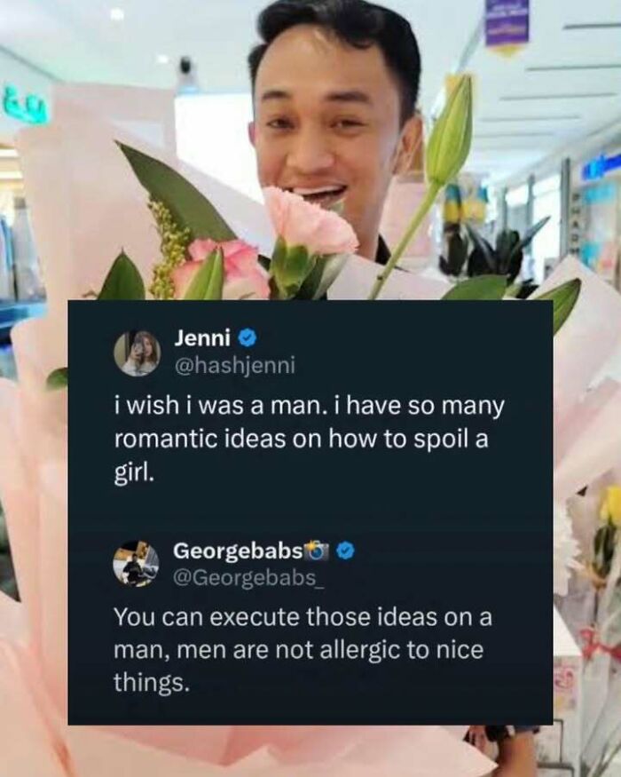A man smiling behind a bouquet of flowers with a funny screenshot about romantic ideas and men.