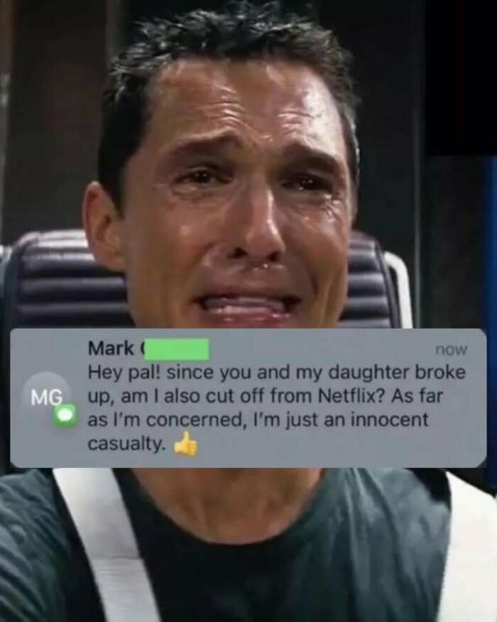 Man crying with a funny screenshot text about Netflix access after a breakup, amusing content from funny screenshots collection.