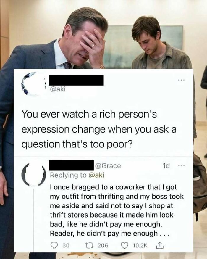 Two men reacting with frustration behind a funny screenshot about rich people’s changing expressions and thrift shopping, a humorous distraction.