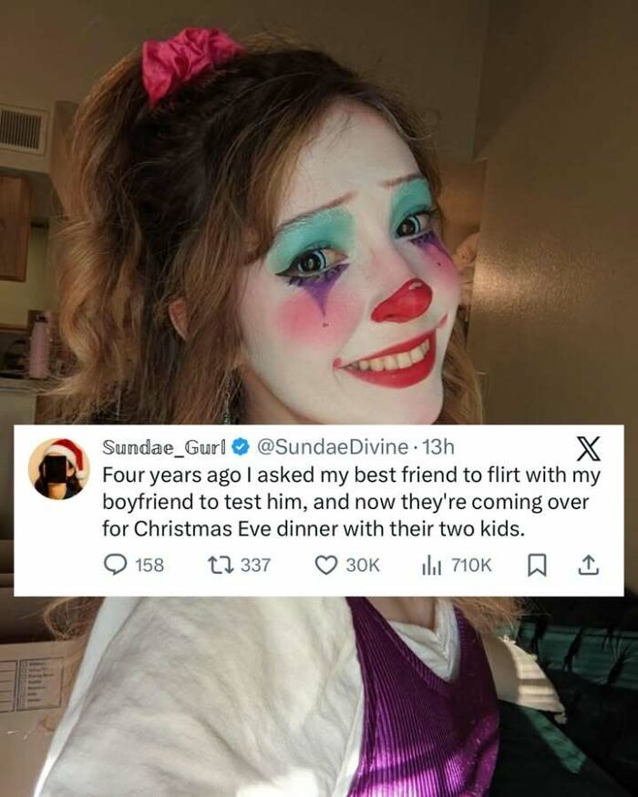 Young woman with clown makeup smiling next to a funny screenshot about an unexpected holiday dinner invite.