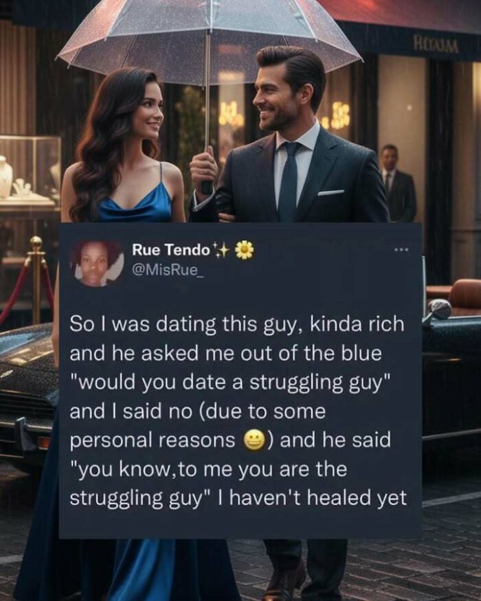 Couple under umbrella with a funny screenshot about dating and struggling guy to distract you from responsibilities.