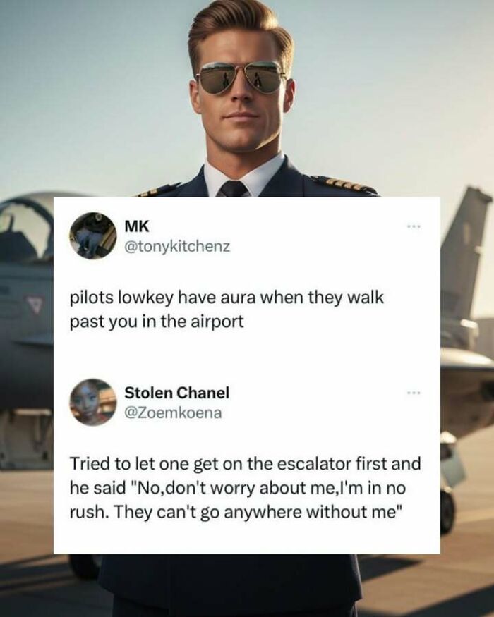 Pilot with sunglasses standing by jet and a funny social media screenshot about pilots' aura and confidence at airport.