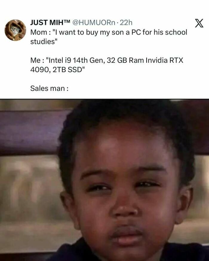 Funny screenshot of a confused child meme reacting to a detailed PC specs request in a humorous conversation.