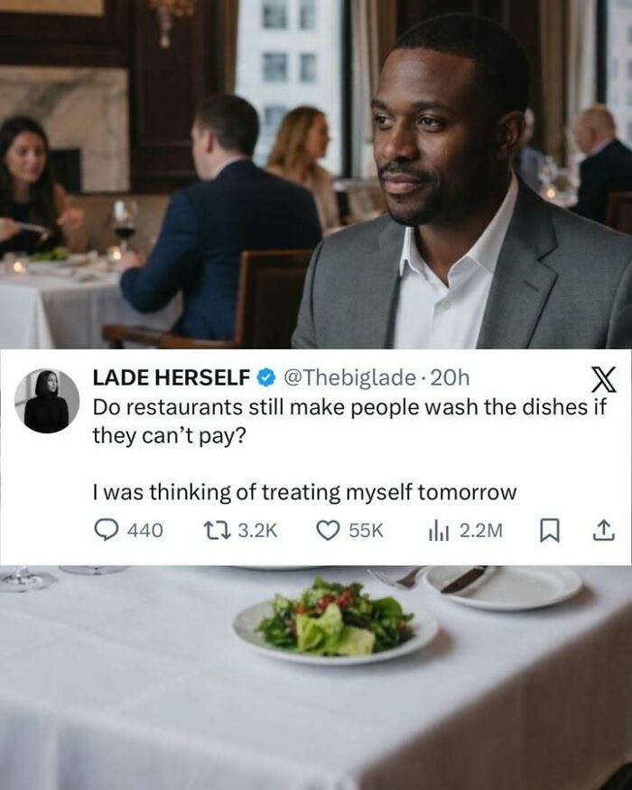 Man in a gray suit sitting at a restaurant table with a funny social media post about restaurants and washing dishes.