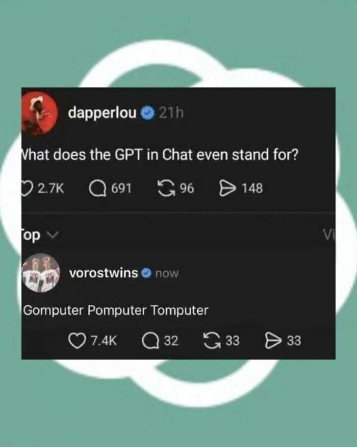 Funny screenshot of a social media exchange joking about the meaning of GPT with playful and distracting comments.