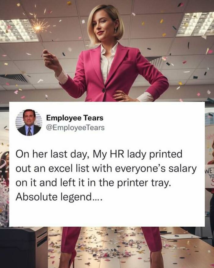 Woman in pink suit holding a sparkler celebrating with confetti and a funny screenshot about office humor and salaries.