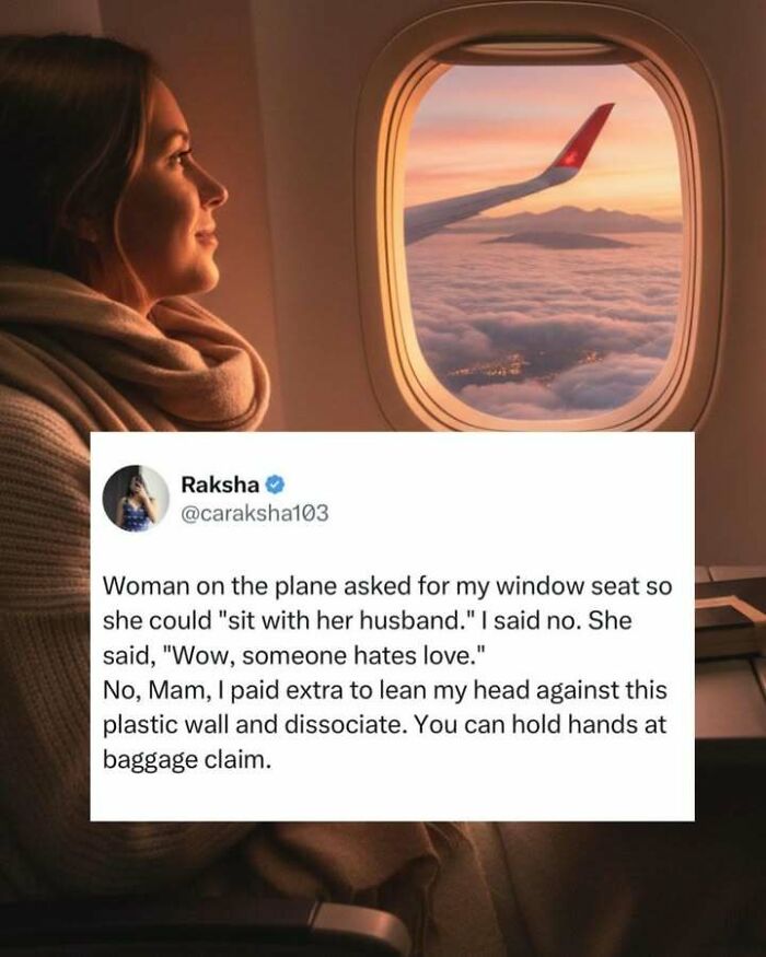 Woman on plane refusing to give up window seat shares funny screenshot to distract from responsibilities.