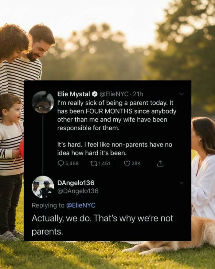 Funny screenshot of a Twitter exchange about parenting challenges, highlighting humor in daily responsibilities and distractions.
