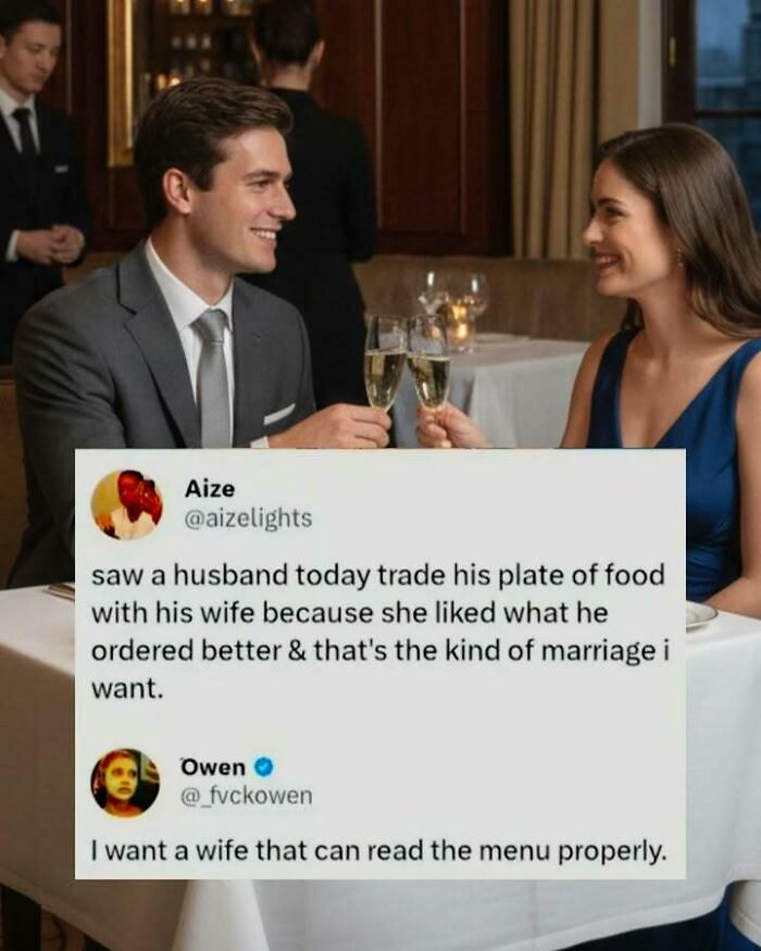 Couple toasting with champagne at a restaurant paired with a funny screenshot about marriage and reading menus.