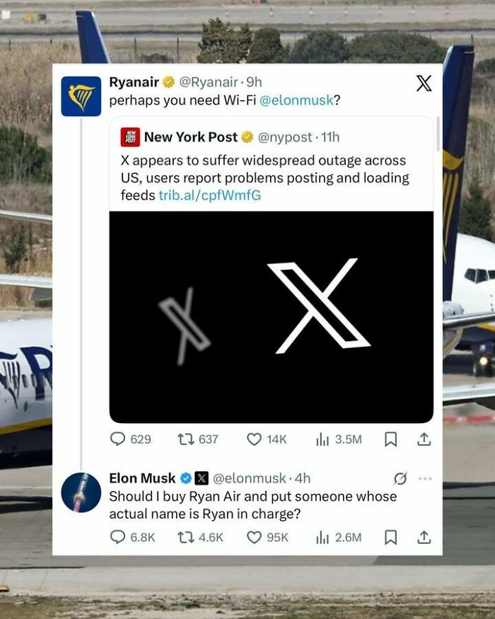 Funny screenshot of a Twitter exchange between Ryanair and Elon Musk about Wi-Fi and service outages.