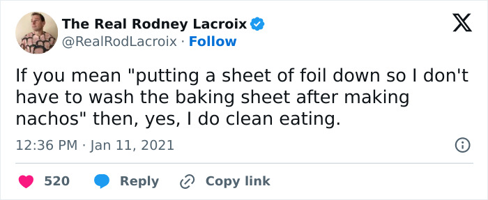 Tweet from The Real Rodney Lacroix humorously about dad and husband life cleaning hacks after making nachos.