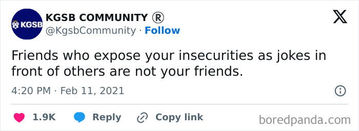 Screenshot of a social media post about fake friends exposing insecurities in a humorous but serious message.
