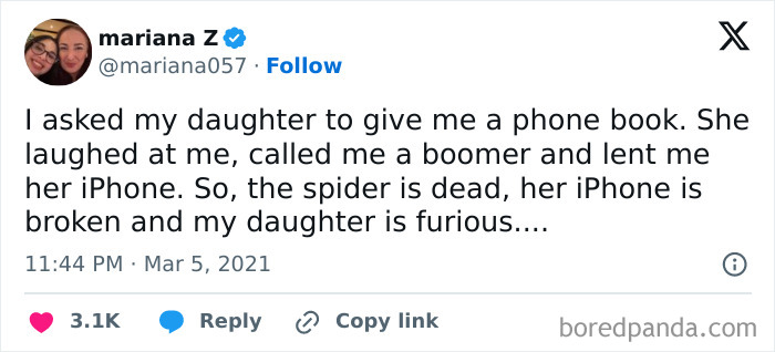Tweet displaying a funny dad joke about a phone book, a boomer, and a broken iPhone for daily dose of dad jokes.